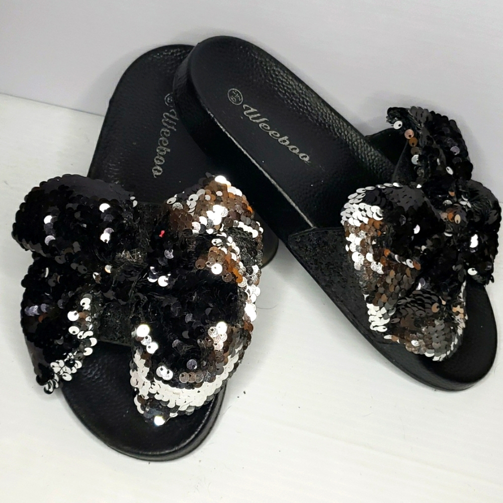 Sequin Big Bow Slides Silver & Black Bling Sz 6.5